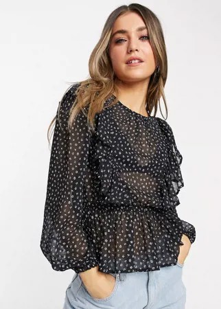 Черная блузка в горошек с оборками New Look-Черный цвет
