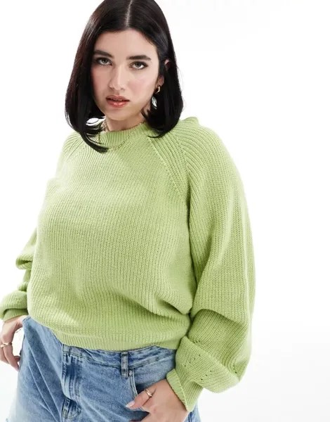 Зеленый джемпер в рубчик с объемными рукавами ASOS DESIGN Curve
