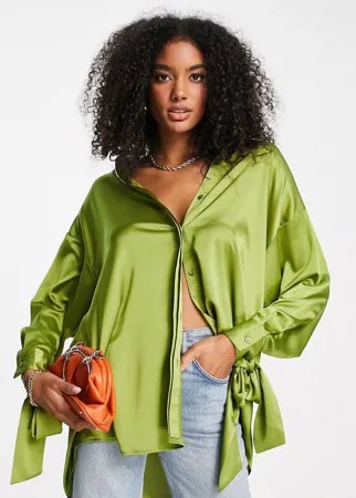 Зеленая атласная рубашка в стиле oversized с завязками на манжетах (от комплекта) ASOS DESIGN-Зеленый цвет