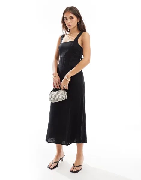 Сарафан миди Asos Design Square Neck Tie Back Linen, черный