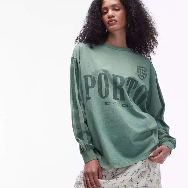 Лонгслив Topshop Porto Lettering, зеленый