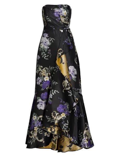 Цветочное платье без бретелек с рюшами Marchesa Notte, черный