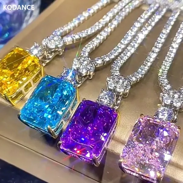 KQDANCE 925 Стерлинговое Серебро Аквамариновый синяя Розовая Желтая фиолетовая высокая углеродистая Бриллиантовая цепь для тенниса ожерелья женские свадебные украшения