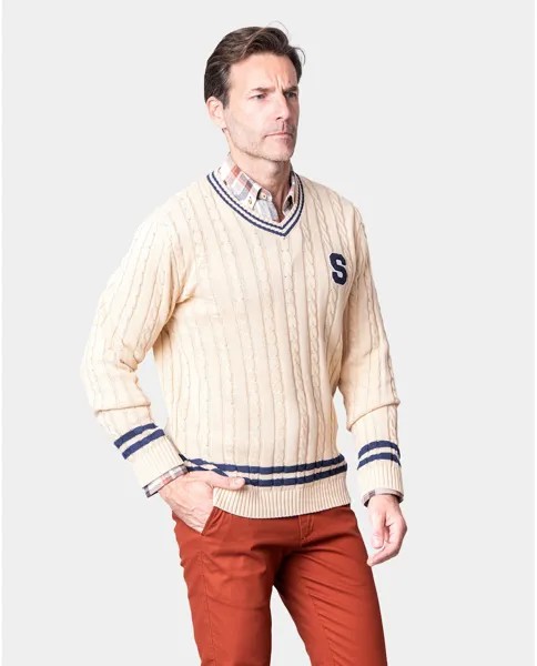 Мужской бежевый вязаный свитер в стиле фэнтези с V-образным вырезом и буквенным принтом Spagnolo, бежевый