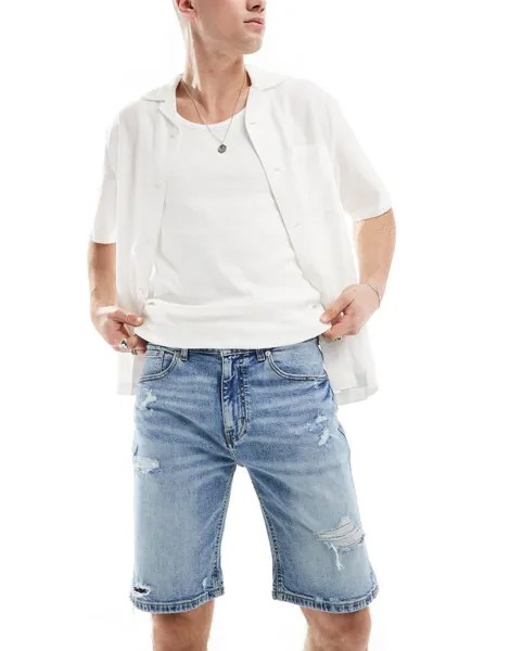 Голубые джинсовые рваные шорты узкого кроя Pull&Bear
