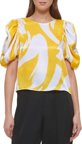Атласная блузка с короткими рукавами и принтом DKNY, цвет White/Pop Yellow Multi