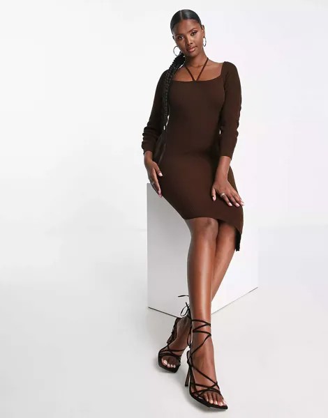 Шоколадное трикотажное платье миди с воротником-халтер и присборенными рукавами Fashionkilla