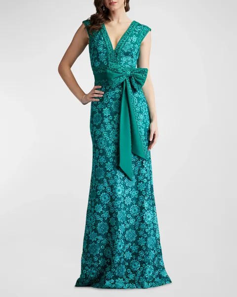 Кружевное платье без рукавов с бантом и цветочным принтом Tadashi Shoji, цвет Emerald