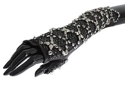 DOLCE - GABBANA Черные кожаные перчатки без пальцев с кристаллами и бусинами s. 7/С Рекомендуемая розничная цена: 3200 долларов США.