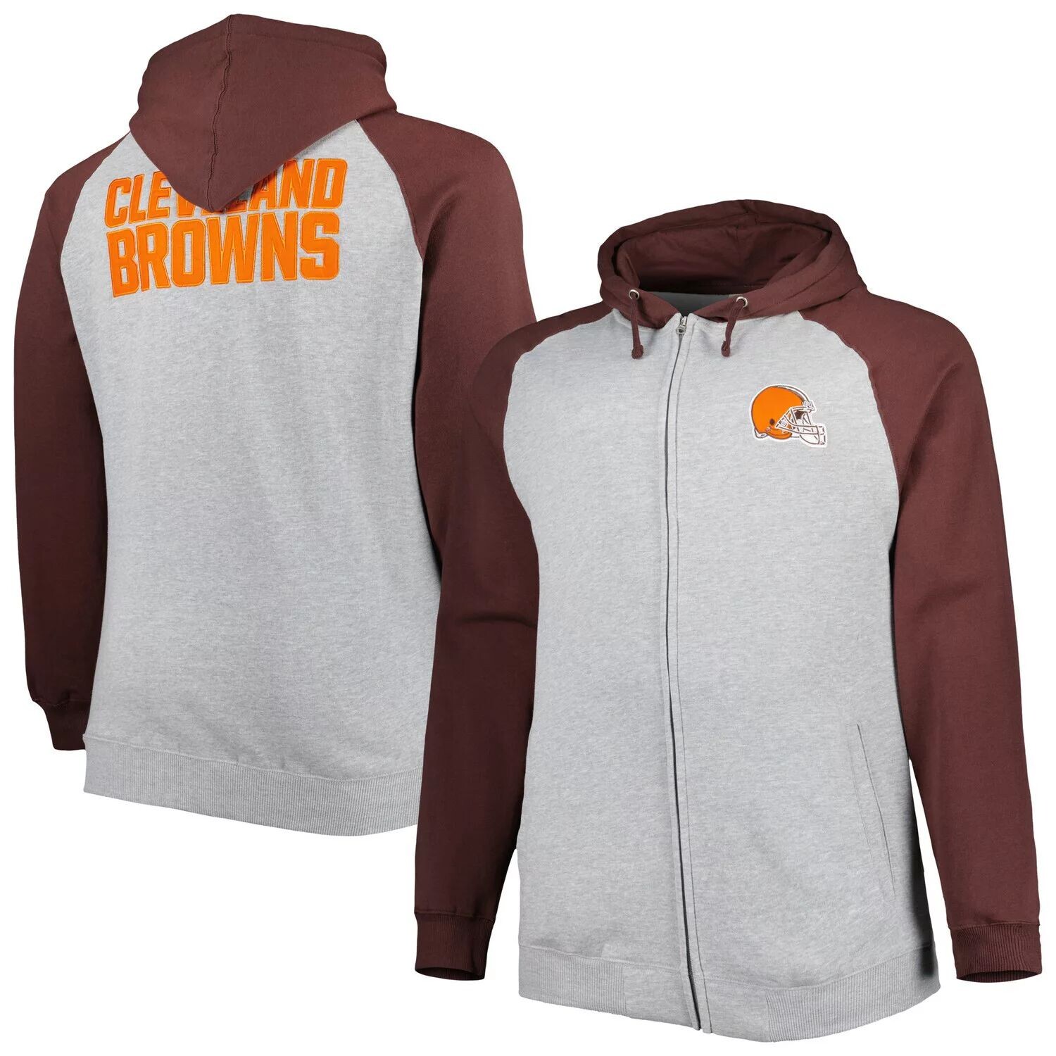 Мужская куртка с капюшоном Cleveland Browns Big & Tall из флиса реглан цвета серого цвета Хизер с молнией во всю длину