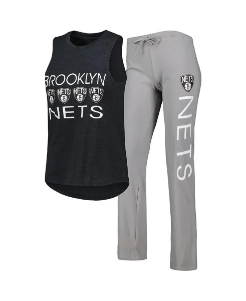 Женский комплект для сна из майки и брюк Brooklyn Nets Team серого и черного цвета Concepts Sport