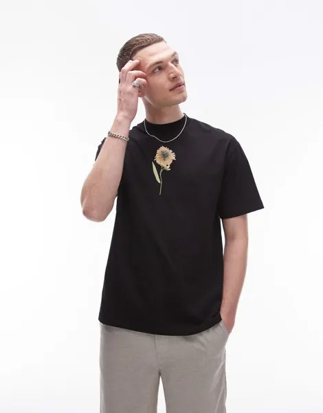 Topman - Черная футболка оверсайз с принтом в виде прессованных цветов на груди