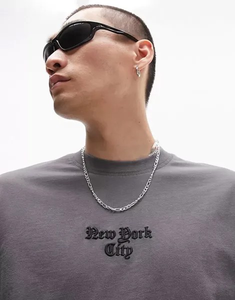 Черная футболка оверсайз с вышивкой «NYC» Topman