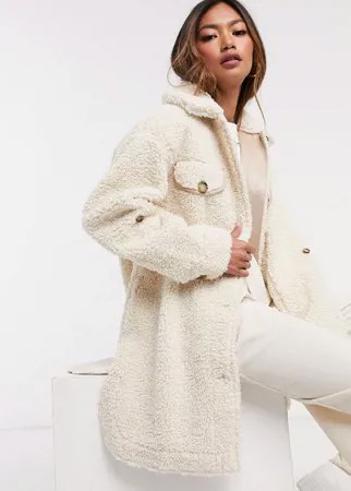 Плюшевое пальто цвета ванили с поясом Urbancode Saba-Белый