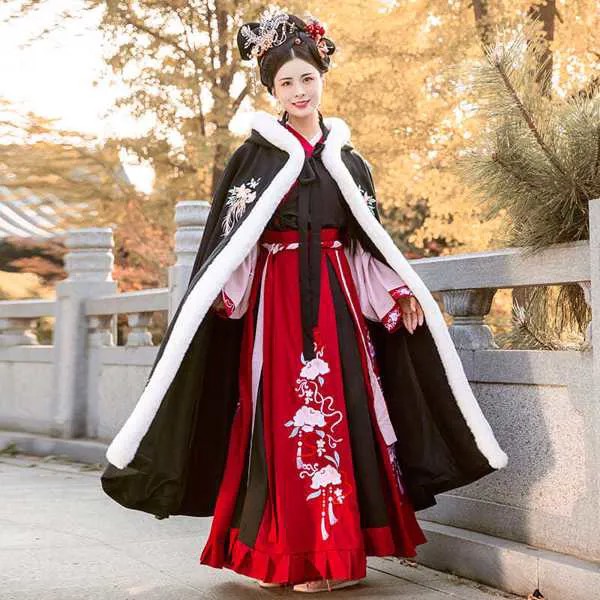 Традиционная китайская ретро-накидка Hanfu, женское плюшевое утепленное пальто на осень и зиму, Длинная накидка Hanfu с капюшоном и вышивкой в ст...