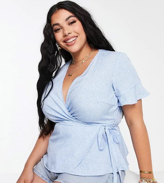 Голубая блузка с запахом и мелким цветочным принтом Vero Moda Curve-Голубой