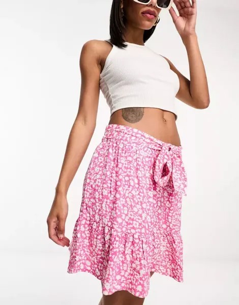 Мини-юбка JDY розово-кремового цвета с завязкой на талии
