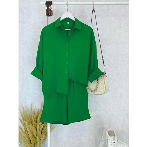 Костюм Clio, рубашка и шорты, свободный силуэт, карманы, пояс на резинке, размер М, зеленый