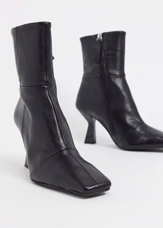 Черные кожаные ботинки на каблуке с квадратным носком ASOS DESIGN-Черный цвет