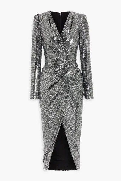 Платье миди из эластичного джерси с запахом и пайетками Rhea Costa, серебро