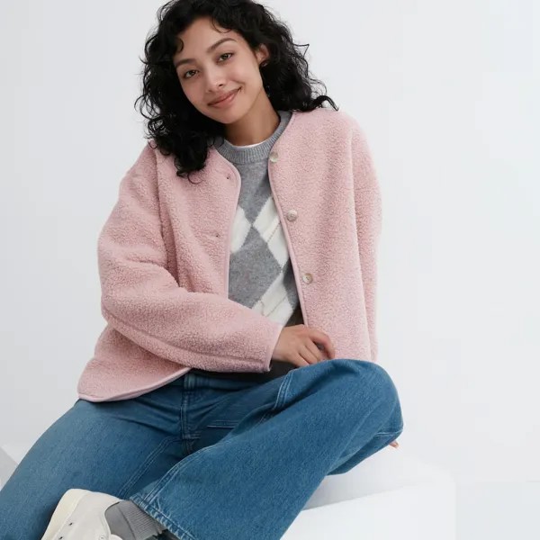 Кардиган Uniqlo с круглым вырезом из искусственного шерпа с длинными рукавами, розовый