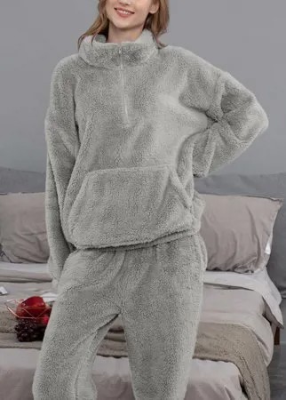 Женский чистый плюшевый пушистый пуловер с карманом кенгуру, высокий Шея, домашний пижамный комплект на молнии спереди с
