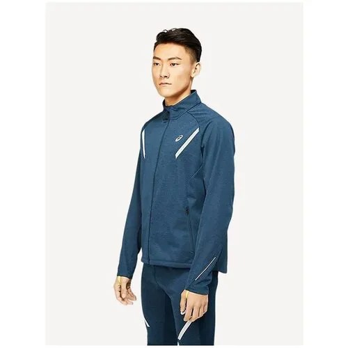 Куртка ASICS Lite-Show для бега, средней длины, силуэт прямой, светоотражающие элементы, регулируемый край, без капюшона, карманы, размер 2XL, синий
