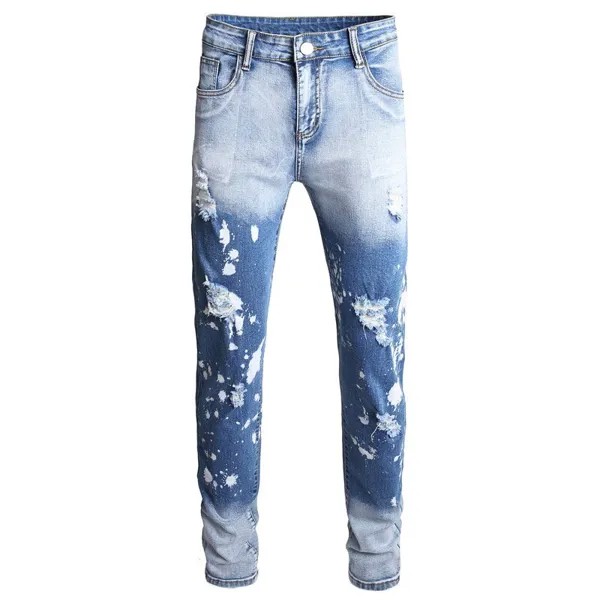 Мужские модные джинсовые брюки с декоративными красками, высококачественные облегающие рваные синие джинсы, уличные модные сексуальные джинсы, повседневные джинсы