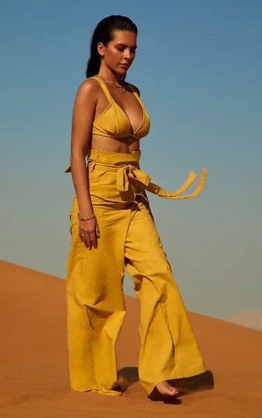 PrettyLittleThing Горчичные широкие брюки с завышенной талией и льняным эффектом