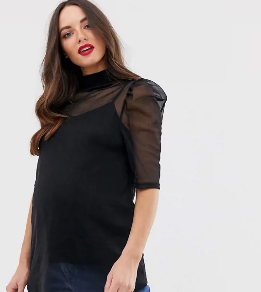 Сетчатый топ с пышными рукавами и нижней майкой ASOS DESIGN Maternity-Черный