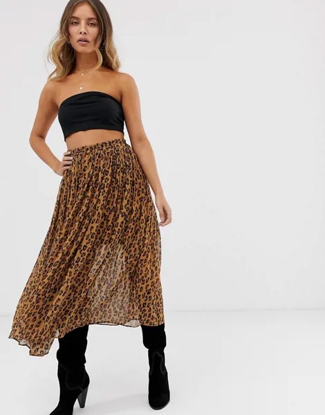 Плиссированная юбка с леопардовым принтом Free People Lydia-Коричневый