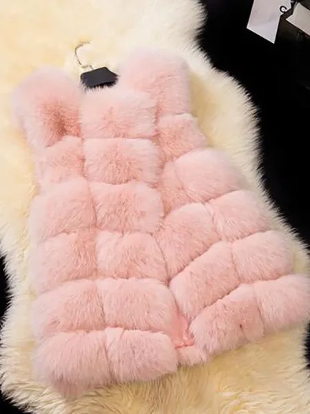 Milanoo Women\'s Coats Pink Sleeveless Faux Fur Coat Layered Winter Coat