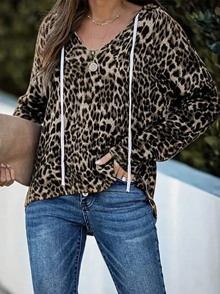 Milanoo Women\'s Hoodie Leopard Print V-neck Long Sleeves Drawstring Cotton Blend Hooded Sweatshirt