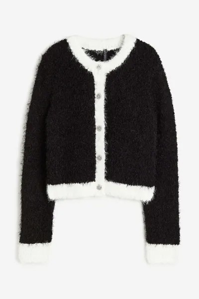 Кардиган H&M Rhinestone-button Fluffy-knit, черный/белый