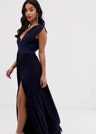 Плиссированное премиум-платье макси с кружевной вставкой ASOS DESIGN Petite-Темно-синий