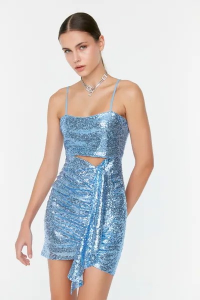 Элегантное вечернее платье с бирюзовыми пайетками TPRSS22EL2896 Trendyol, бирюзовый