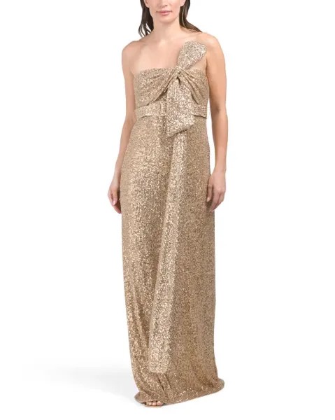 Платье без бретелек с пайетками и бантом Badgley Mischka, цвет Gold
