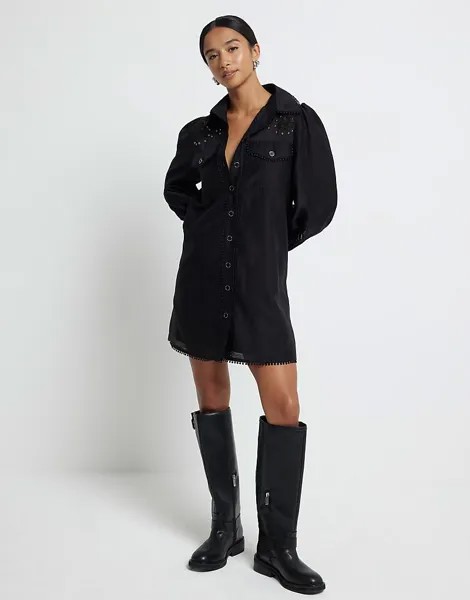 Черное платье-рубашка с вышивкой River Island Petite Petite