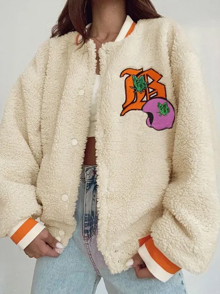 Milanoo Women Jacket Jewel Neck Buttons Letters Print Polyester Long Sleeves Apricot Baseball Jacket