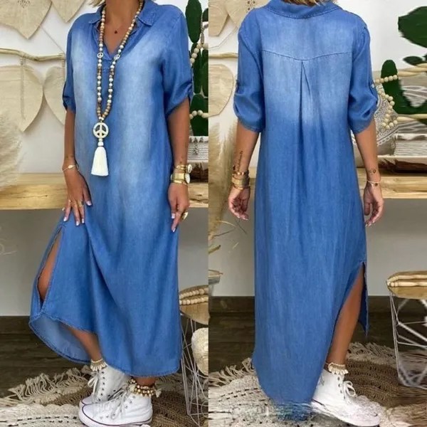 Плюс Размер Женщины Повседневный Джинсовая Ткань Длинное Макси Платье Дамы Лето Свободные Джинсы Сарафан