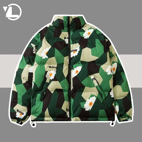 Куртка-парка мужская, зимняя, камуфляжная, с принтом маргариток, толстая, теплая, Японская уличная одежда
