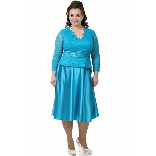 Платье DIVA-PLUS, атлас, гипюр, вечернее, полуприлегающее, миди, размер 56, бирюзовый