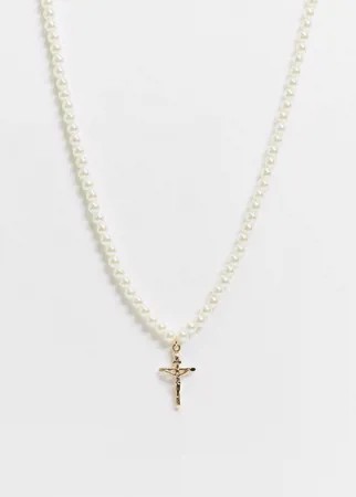 Жемчужное ожерелье с золотистой подвеской в виде креста Chained & Able-Золотистый