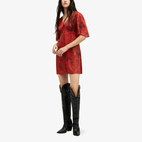 Мини-платье tian sanibel с расклешенным краем и графическим принтом из эластичного переработанного полиэстера Allsaints, красный