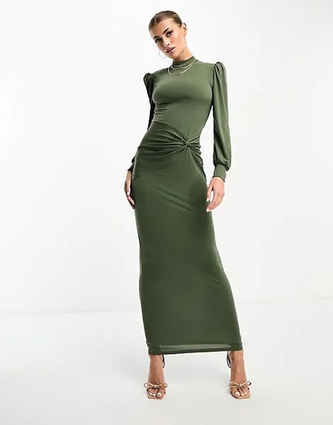 Оливково-зеленое платье макси с высоким воротником и рюшами Flounce London