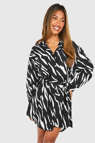Платье-рубашка с поясом и зеброй «летучая мышь» boohoo, черный