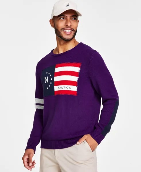 Мужской свитер классического кроя с вышитым флагом и круглым вырезом Nautica