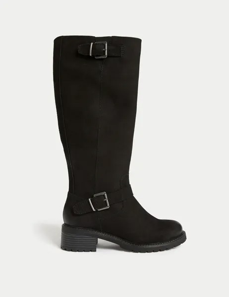 Широкие кожаные сапоги до колена на блочном каблуке Marks & Spencer, черный