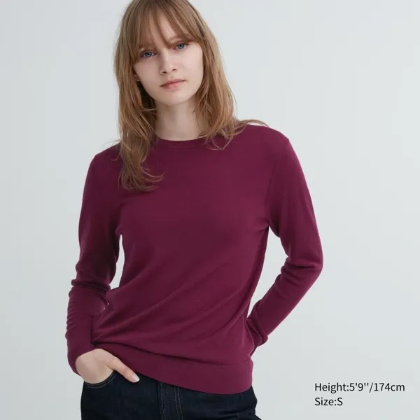 Свитер Uniqlo женский из шерсти мериноса с круглым вырезом, бордовый