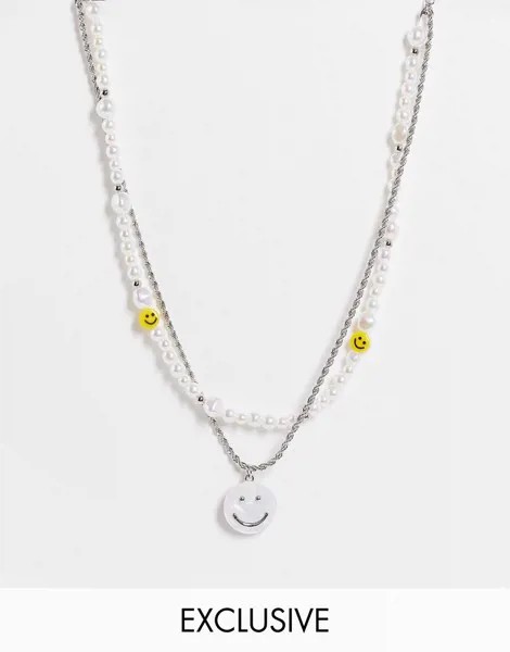 Многоярусное ожерелье в стиле унисекс с искусственным жемчугом и смайликами Reclaimed Vintage Inspired-Разноцветный